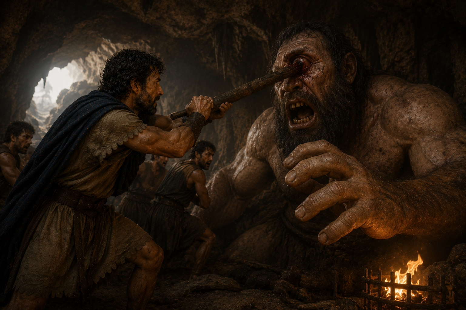 Ilustración del cíclope Polifemo en la cueva mientras Odiseo prepara su engaño