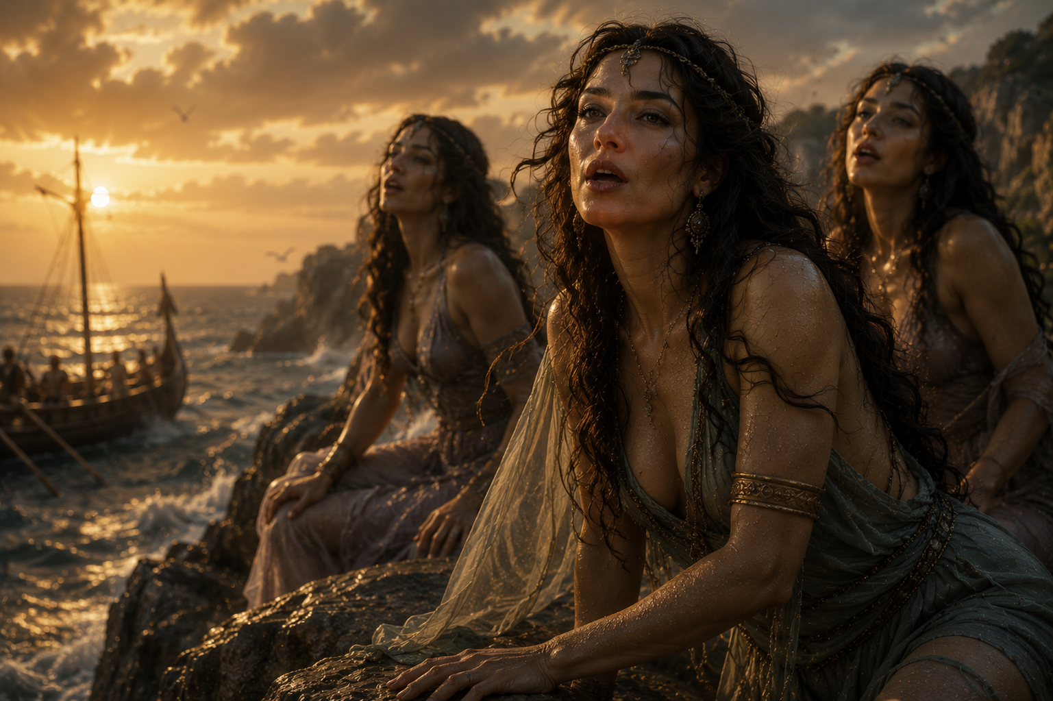 Ilustración simbólica de Circe y las sirenas como tentaciones del viaje de Odiseo